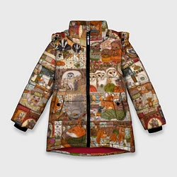 Куртка зимняя для девочки Коллаж из сказочных зверей - совы, белки, ёжики, цвет: 3D-красный