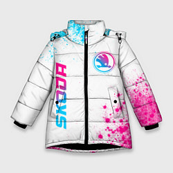 Куртка зимняя для девочки Skoda neon gradient style: надпись, символ, цвет: 3D-черный