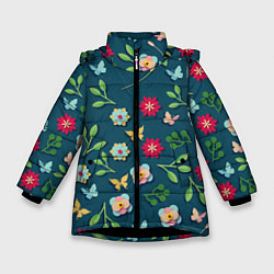 Зимняя куртка для девочки Цветы и разноцветные бабочки