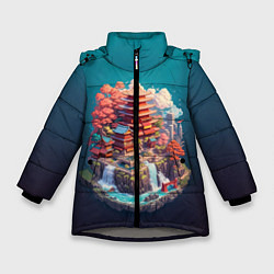 Куртка зимняя для девочки Японский пейзаж а изометрии, цвет: 3D-светло-серый