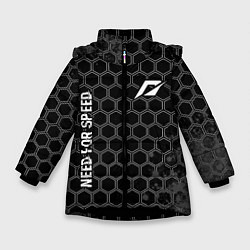 Куртка зимняя для девочки Need for Speed glitch на темном фоне: надпись, сим, цвет: 3D-черный