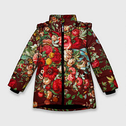 Куртка зимняя для девочки Платок цветочный узор, цвет: 3D-черный