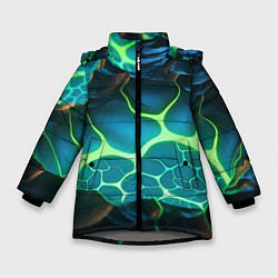 Куртка зимняя для девочки Разлом синих и зеленых неоновых плит, цвет: 3D-светло-серый