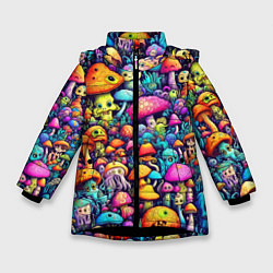 Куртка зимняя для девочки Кислотные психоделические грибы, цвет: 3D-черный