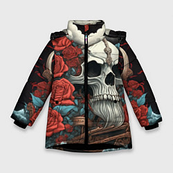 Зимняя куртка для девочки Череп викинга на корабле с розами в стиле тату ире