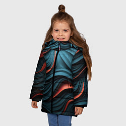 Куртка зимняя для девочки Сине-оранжевая абстрактная волна, цвет: 3D-черный — фото 2