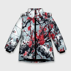 Куртка зимняя для девочки Лепестки цветущей вишни - сакура, цвет: 3D-черный