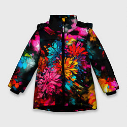 Куртка зимняя для девочки Краски и цветы, цвет: 3D-черный