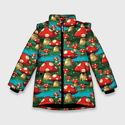 Куртка зимняя для девочки Мультяшный мухомор паттерн, цвет: 3D-черный