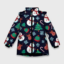 Куртка зимняя для девочки Снеговички с рождественскими оленями и елками, цвет: 3D-черный