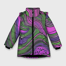 Куртка зимняя для девочки Волнистый узор фиолетовый и зелёный, цвет: 3D-черный