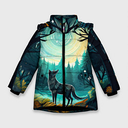 Куртка зимняя для девочки Волк в ночном лесу фолк-арт, цвет: 3D-черный