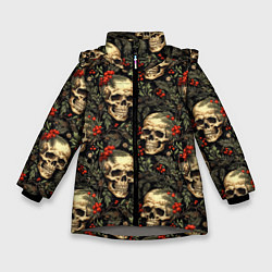 Куртка зимняя для девочки Череп рябина шишки и хвойные ветки, цвет: 3D-светло-серый