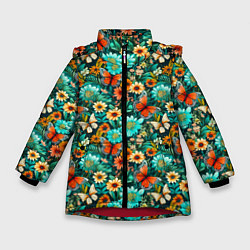 Куртка зимняя для девочки Бабочки в цветах паттерн, цвет: 3D-красный