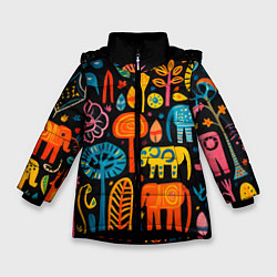 Куртка зимняя для девочки Африканский узор со слонами - нейросеть, цвет: 3D-черный