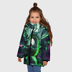 Куртка зимняя для девочки Неоновый зеленый дракон, цвет: 3D-черный — фото 2