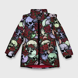 Куртка зимняя для девочки Череп с розами паттерн, цвет: 3D-красный