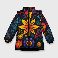 Куртка зимняя для девочки Растительный узор в латино-американском стиле, цвет: 3D-черный