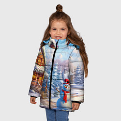 Куртка зимняя для девочки Новогодняя деревня и снеговик, цвет: 3D-черный — фото 2