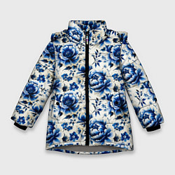 Куртка зимняя для девочки Гжель узор паттерн, цвет: 3D-светло-серый