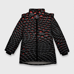 Куртка зимняя для девочки Узор на чёрно красном карбоновом фоне, цвет: 3D-светло-серый
