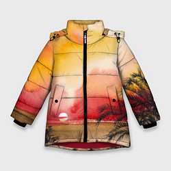 Зимняя куртка для девочки Тропический закат акварель