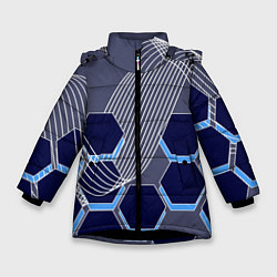 Куртка зимняя для девочки Электромагнитные шестиугольники, цвет: 3D-черный