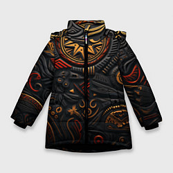 Куртка зимняя для девочки Абстрактный узор в славянской стилистике, цвет: 3D-черный