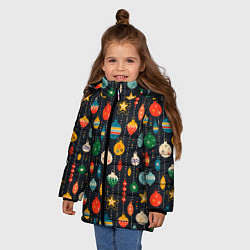 Куртка зимняя для девочки Новогодние ёлочные игрушки на черном фоне, цвет: 3D-красный — фото 2