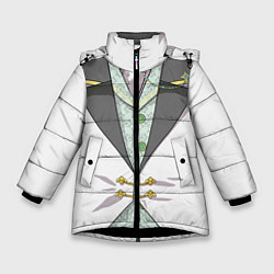 Куртка зимняя для девочки Белый мультяшный фрак с шейным платком, цвет: 3D-черный