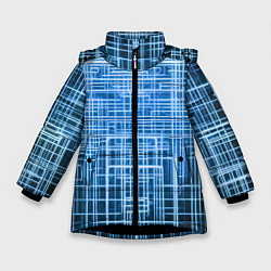 Куртка зимняя для девочки Синие неоновые полосы киберпанк, цвет: 3D-черный