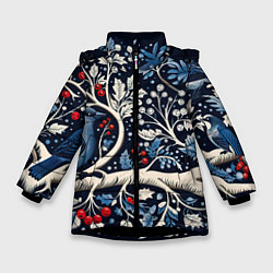 Куртка зимняя для девочки Новогодние снегири на ветках, цвет: 3D-черный