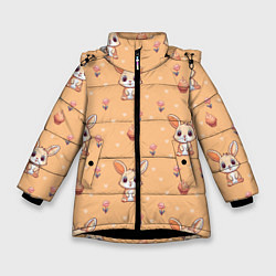 Куртка зимняя для девочки Узор с зайчиками на персиковом фоне, цвет: 3D-черный