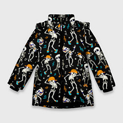 Куртка зимняя для девочки Танцующие скелеты на вечеринке, цвет: 3D-черный