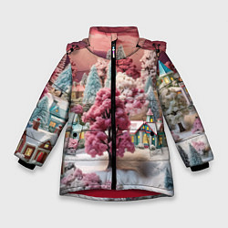 Куртка зимняя для девочки Зимний закат новый год, цвет: 3D-красный