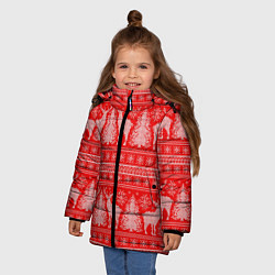 Куртка зимняя для девочки Новогодний узор с оленями и елками, цвет: 3D-красный — фото 2