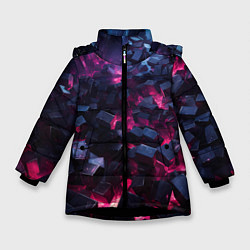 Куртка зимняя для девочки Фиолетовые кубы в фиолетовом дыме, цвет: 3D-черный