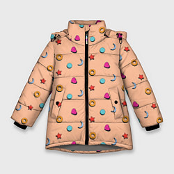 Куртка зимняя для девочки Узор с сердцем, звездой и кругом, цвет: 3D-светло-серый