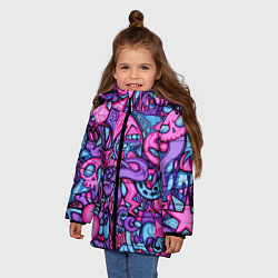 Куртка зимняя для девочки Узор розово-фиолетовый черепа и сердца, цвет: 3D-светло-серый — фото 2