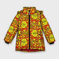Зимняя куртка для девочки Хохломская роспись золотистые цветы и ягоды на кра