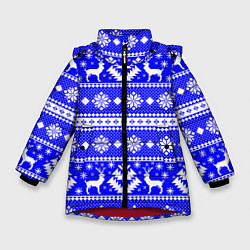 Куртка зимняя для девочки Новый год ели и олени на синем фоне, цвет: 3D-красный
