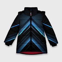 Куртка зимняя для девочки Черная абстракция с синим неоновым ярким свечением, цвет: 3D-красный