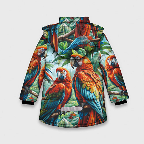 Зимняя куртка для девочки Попугаи Ара - тропики джунгли / 3D-Красный – фото 2