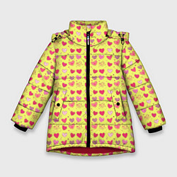Куртка зимняя для девочки Сердечки на желтом - паттерн, цвет: 3D-красный