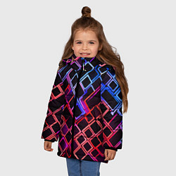 Куртка зимняя для девочки Красно-синие квадраты на чёрном фоне, цвет: 3D-красный — фото 2