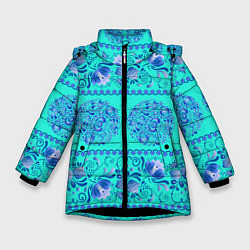 Куртка зимняя для девочки Гжель на бирюзовом фоне, цвет: 3D-черный