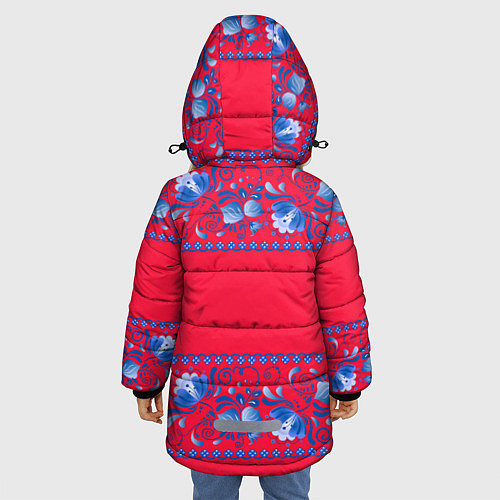 Зимняя куртка для девочки Голубая гжель на красном фоне / 3D-Светло-серый – фото 4