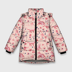 Куртка зимняя для девочки Розовый паттерн с цветами и котиками, цвет: 3D-светло-серый