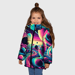 Куртка зимняя для девочки Неоновый космос - нейросеть, цвет: 3D-красный — фото 2
