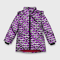 Куртка зимняя для девочки Фиолетово-белый узор на чёрном фоне, цвет: 3D-красный